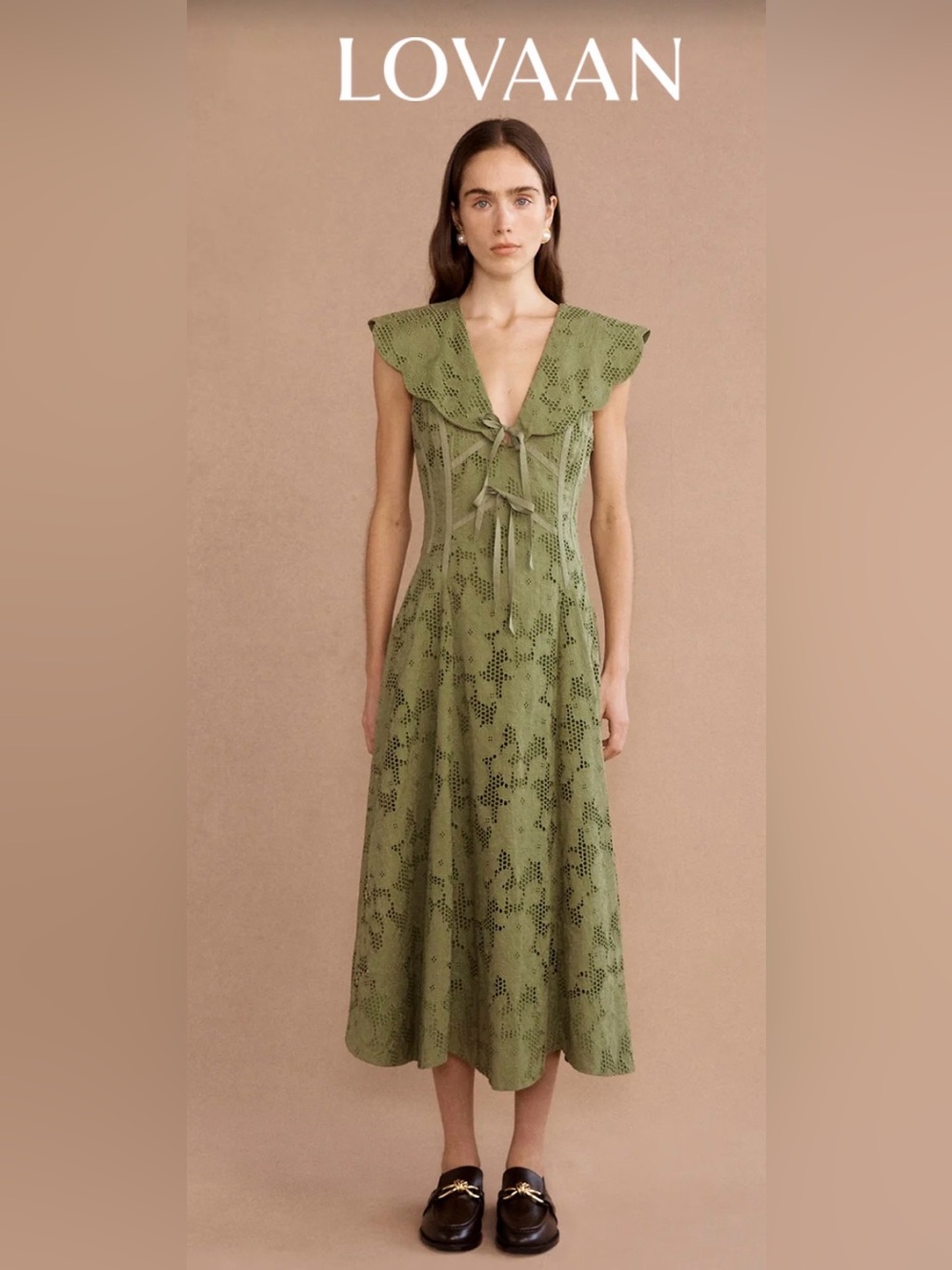NWT Lovaan Rhia Olive Eyelet Midi Dress